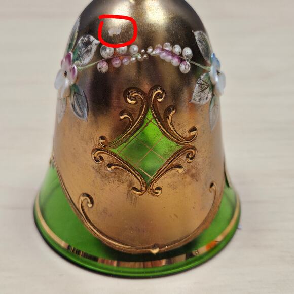 Czechoslovakian Hand Painted Bohemian Glass Bell Green Gold Enameled Flower READ - Picture 8 of 8